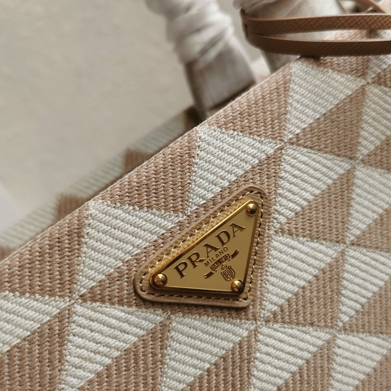 Prada Symbole Small Bag Fake in Beige/White Jacquard Fabric
