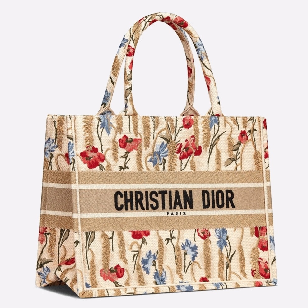 Dior Medium Book Tote Bag Fake in Hibiscus Metallic Thread Embroidery