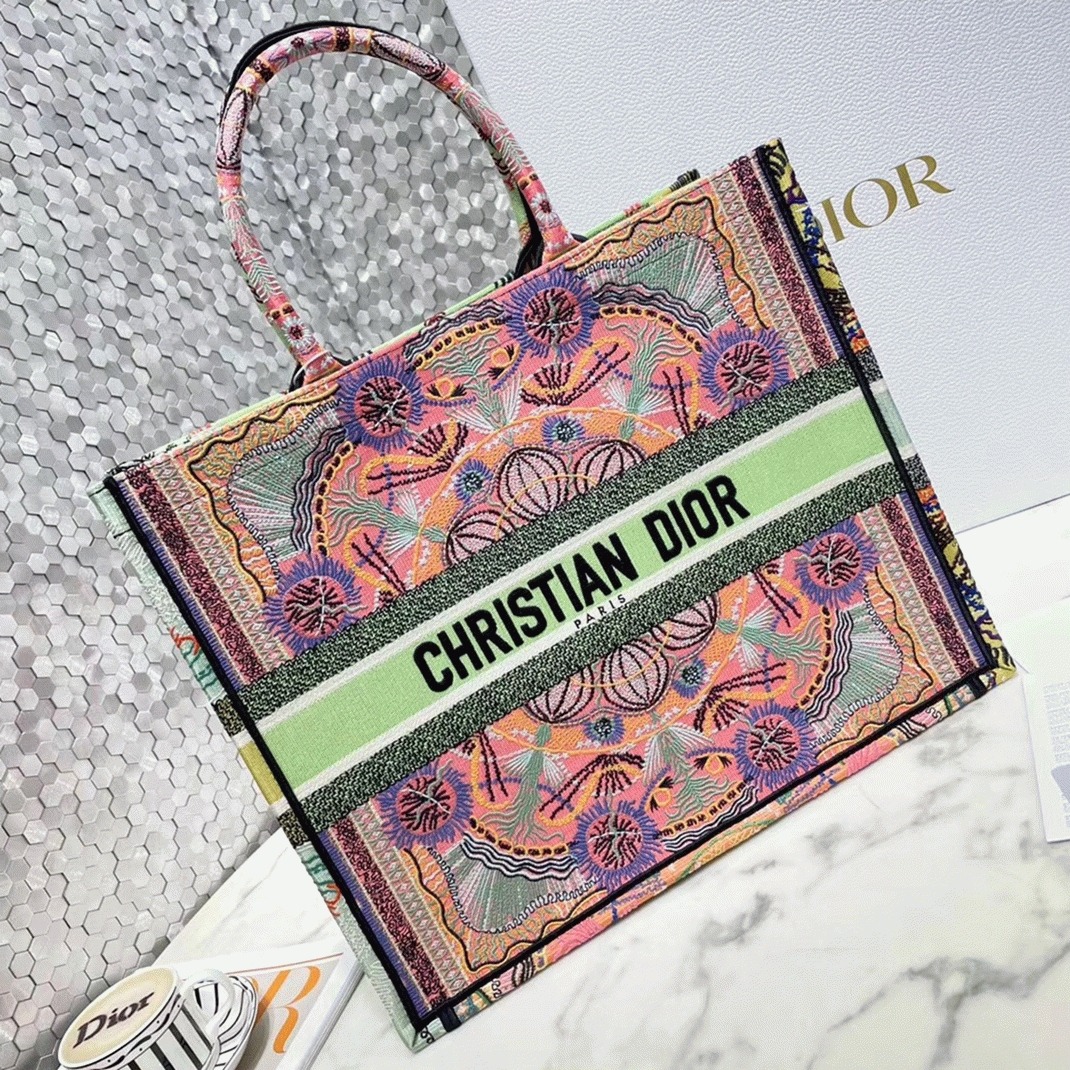 Dior Large Book Tote Bag Fake in Multicolor Lights Embroidery