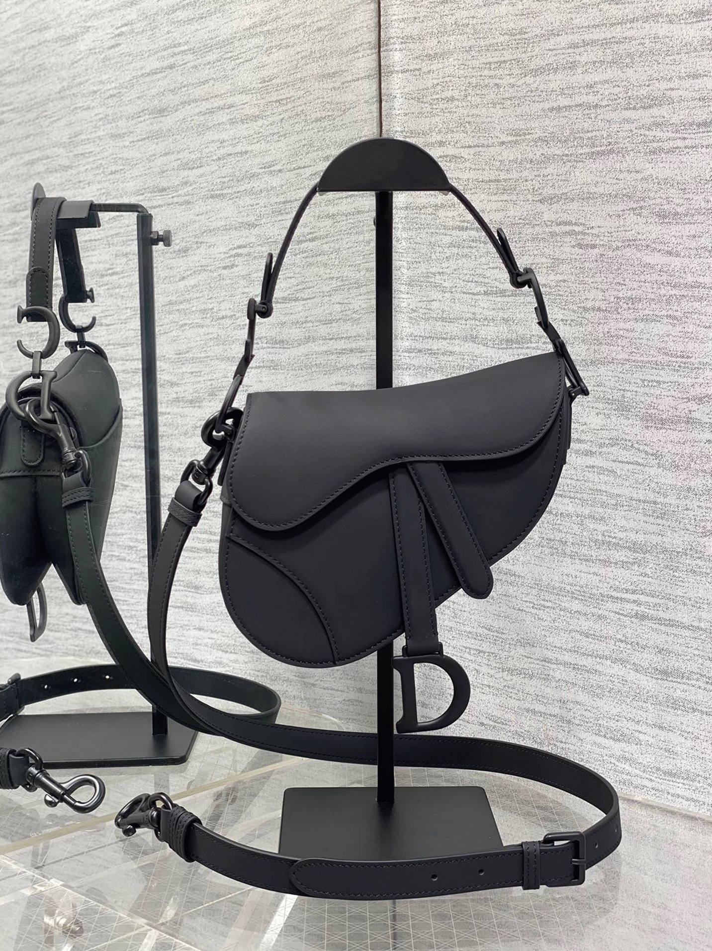 Dior Mini Saddle Bag Replica with Strap in Black Ultramatte Calfskin