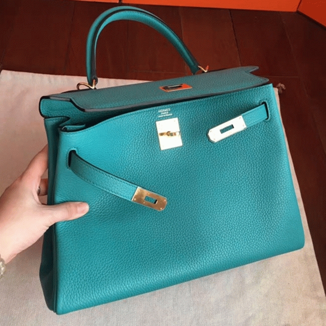 Blue Paon Clemence Fake Hermes Kelly Retourne 32cm Handbag