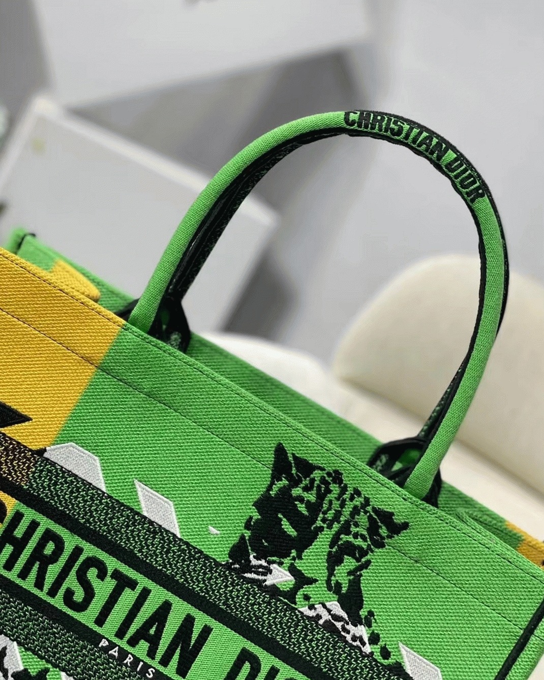 Dior Medium Book Tote Bag Faux in Green D-Jungle Pop Embroidery