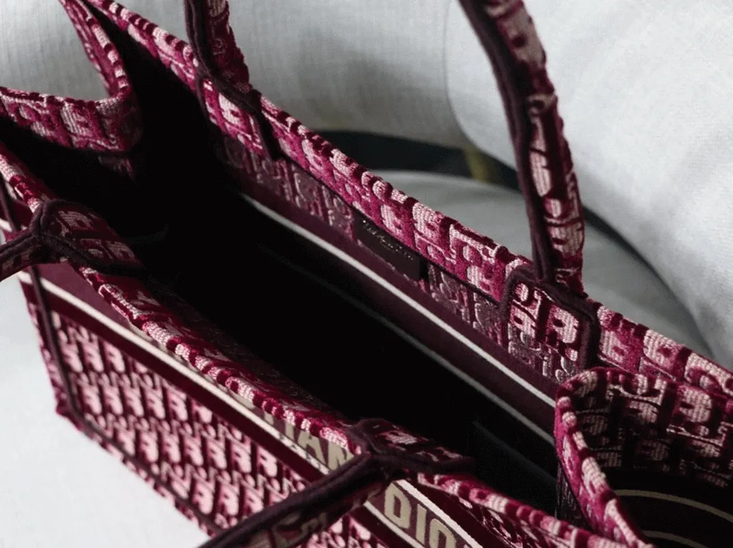 Dior Medium Book Tote Bag Replica in Bordeaux Velvet Oblique Embroidered