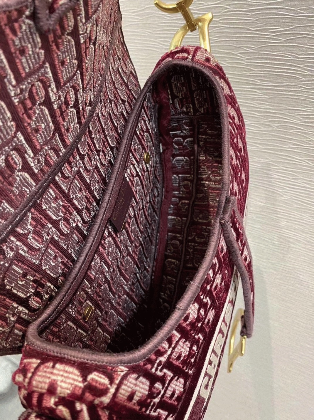 Dior Saddle Bag Faux in Bordeaux Velvet Oblique Embroidered