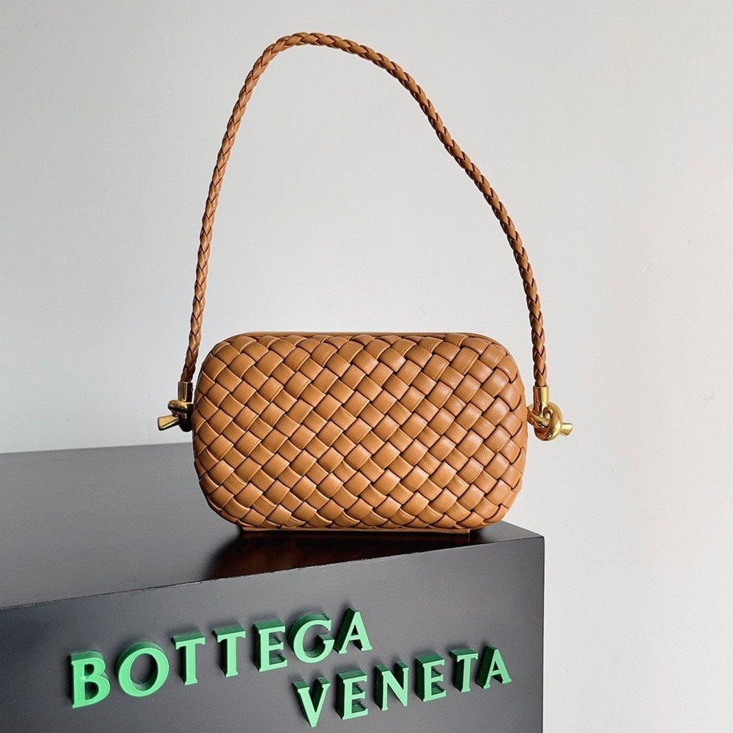 Replica Bottega Veneta Knot Minaudiere On Strap Camel Intreccio Lambskin