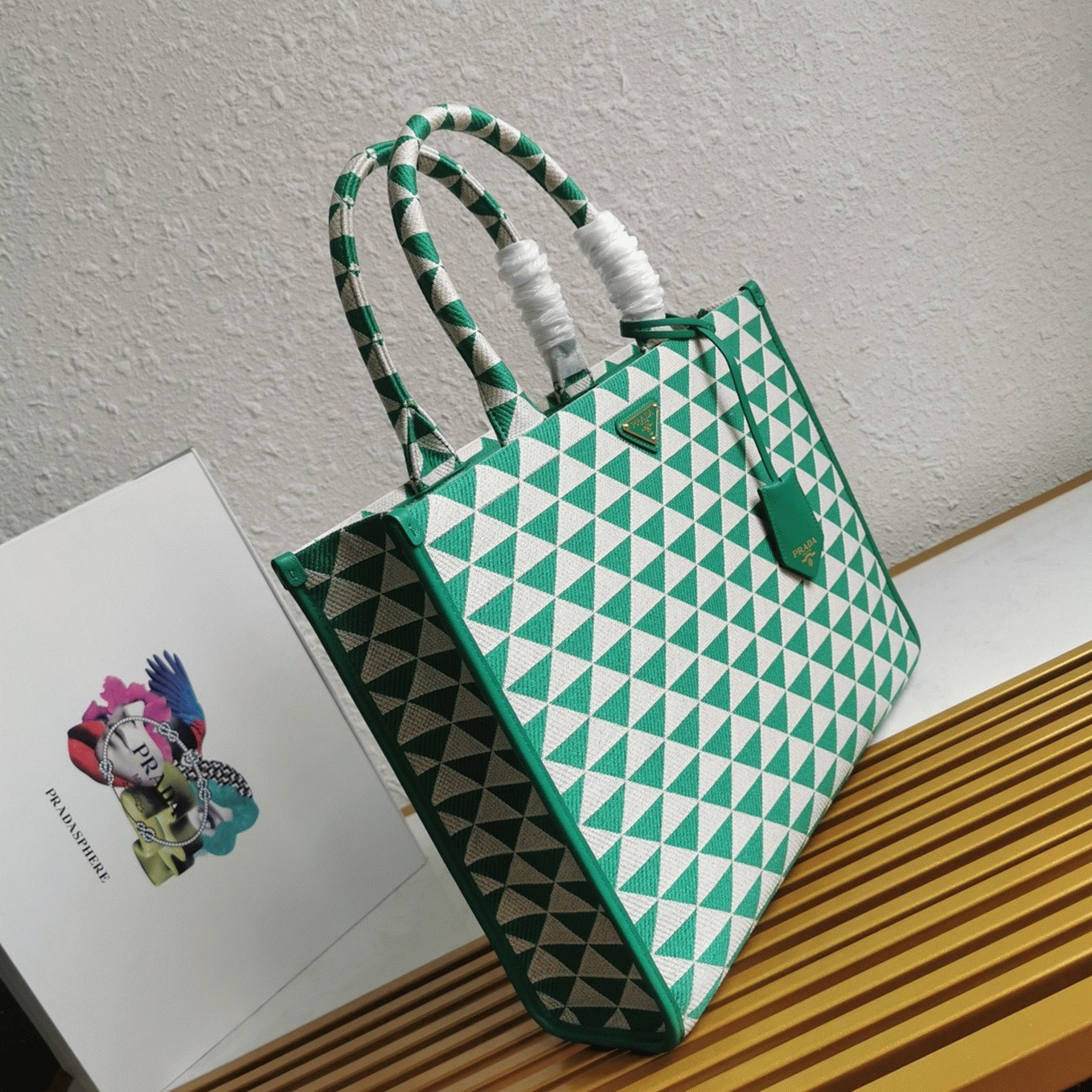 Prada Symbole Large Bag Fake in Green/White Jacquard Fabric