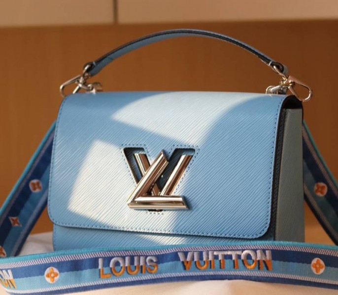 Louis Vuitton Epi Leather Twist MM Bag With Jacquard Strap In Bleuet Blue