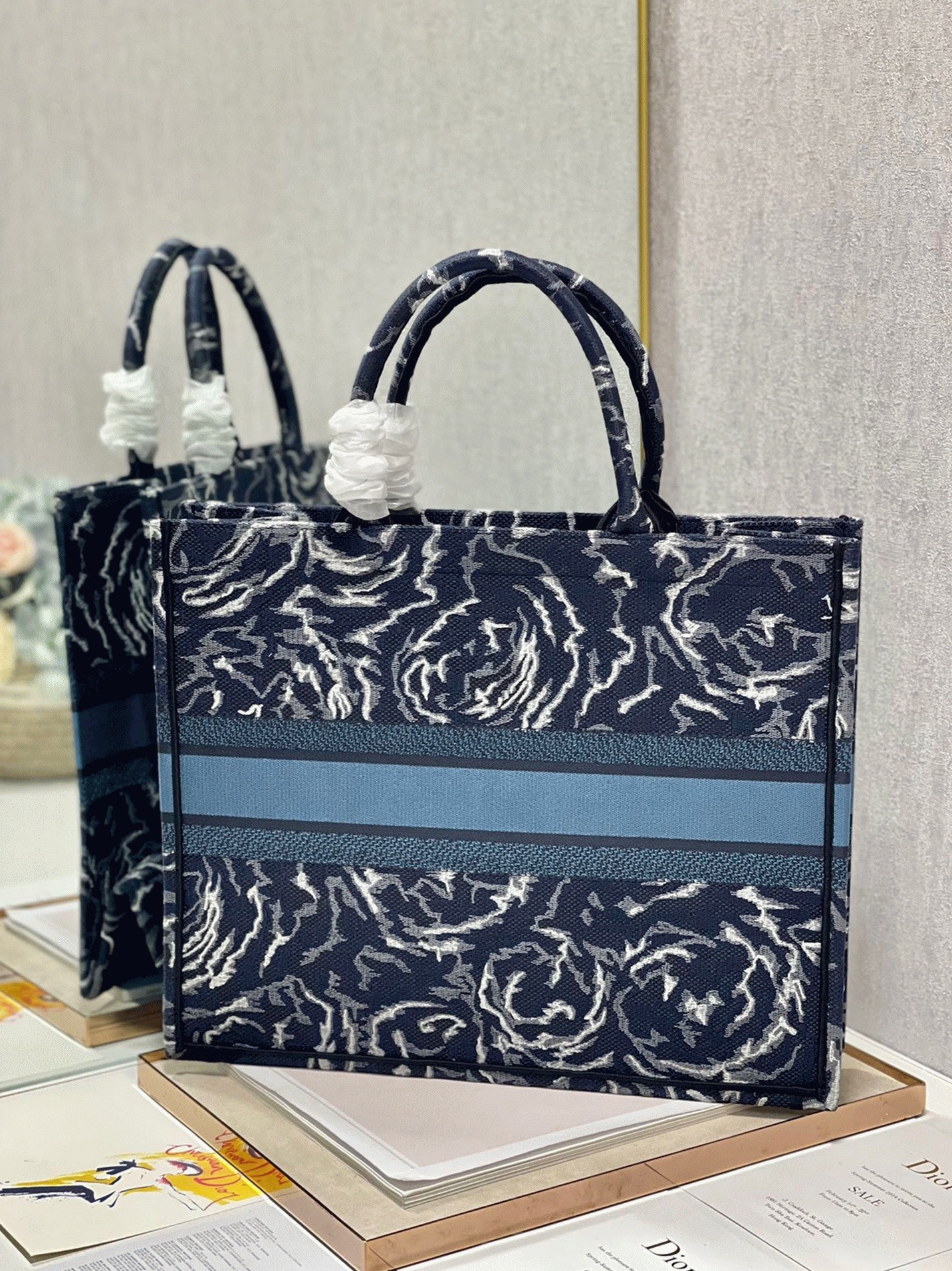 Dior Large Book Tote Bag Replica in Blue Dior Roses Embroidery