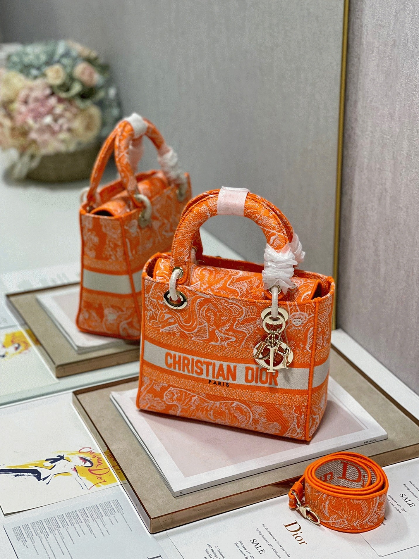 Dior Lady D-Lite Medium Bag Fake in Fluorescent Orange Toile de Jouy Reverse Embroidery