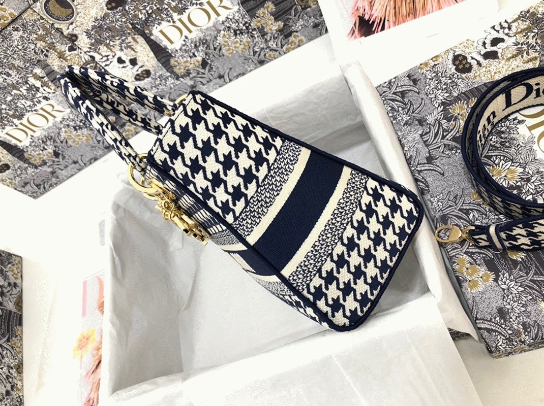 Dior Lady D-Lite Medium Bag Replica in Black   White Houndstooth Embroidery