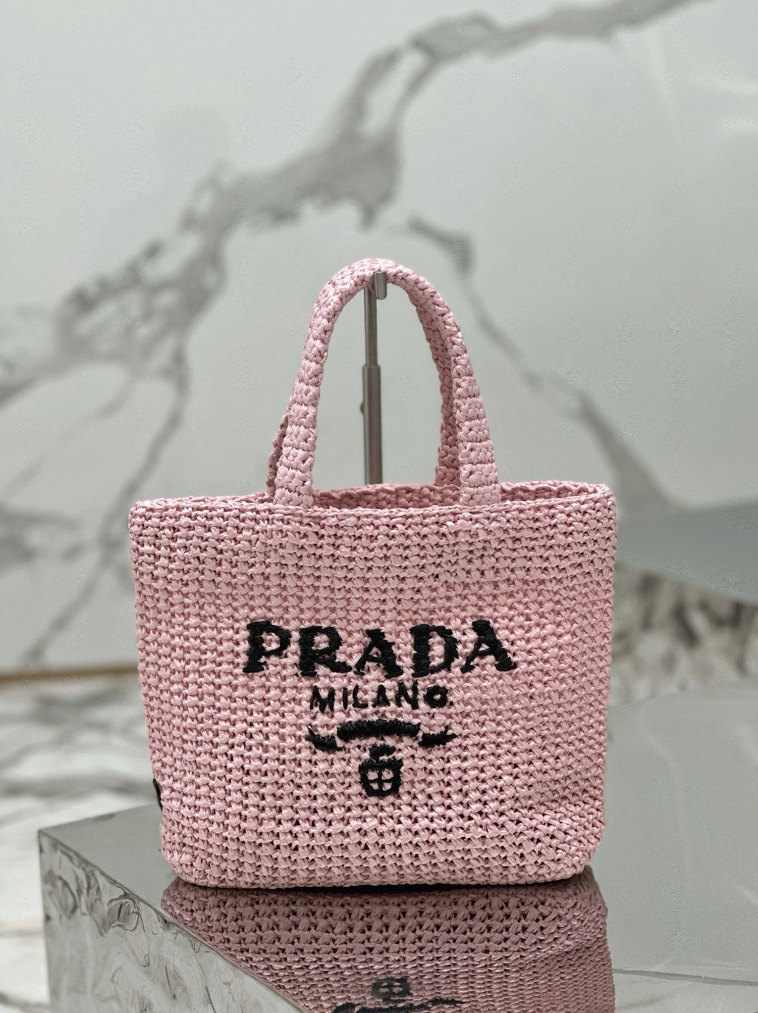 Prada Small Crochet Tote Bag Replica in Pink Raffia-effect Yarn