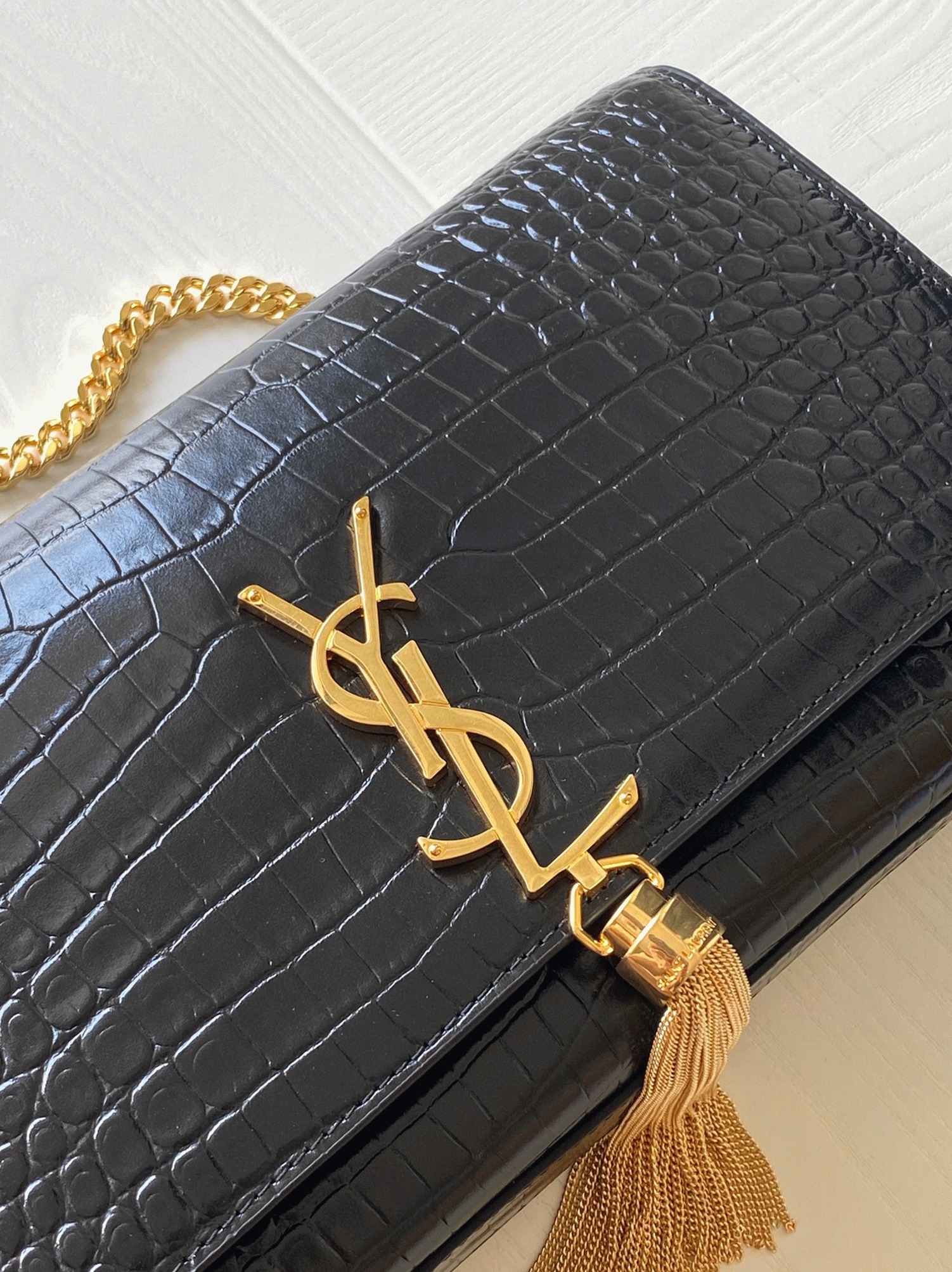 Replica Saint Laurent Kate Medium Tassel Bag Black Crocodile-embossed Leather