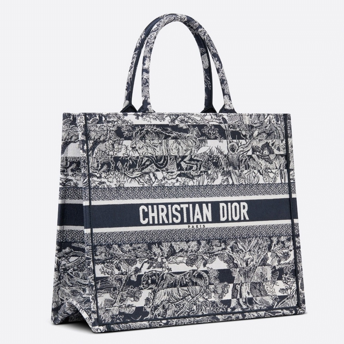 Dior Large Book Tote Bag Fake in Blue Toile de Jouy Stripes Embroidery