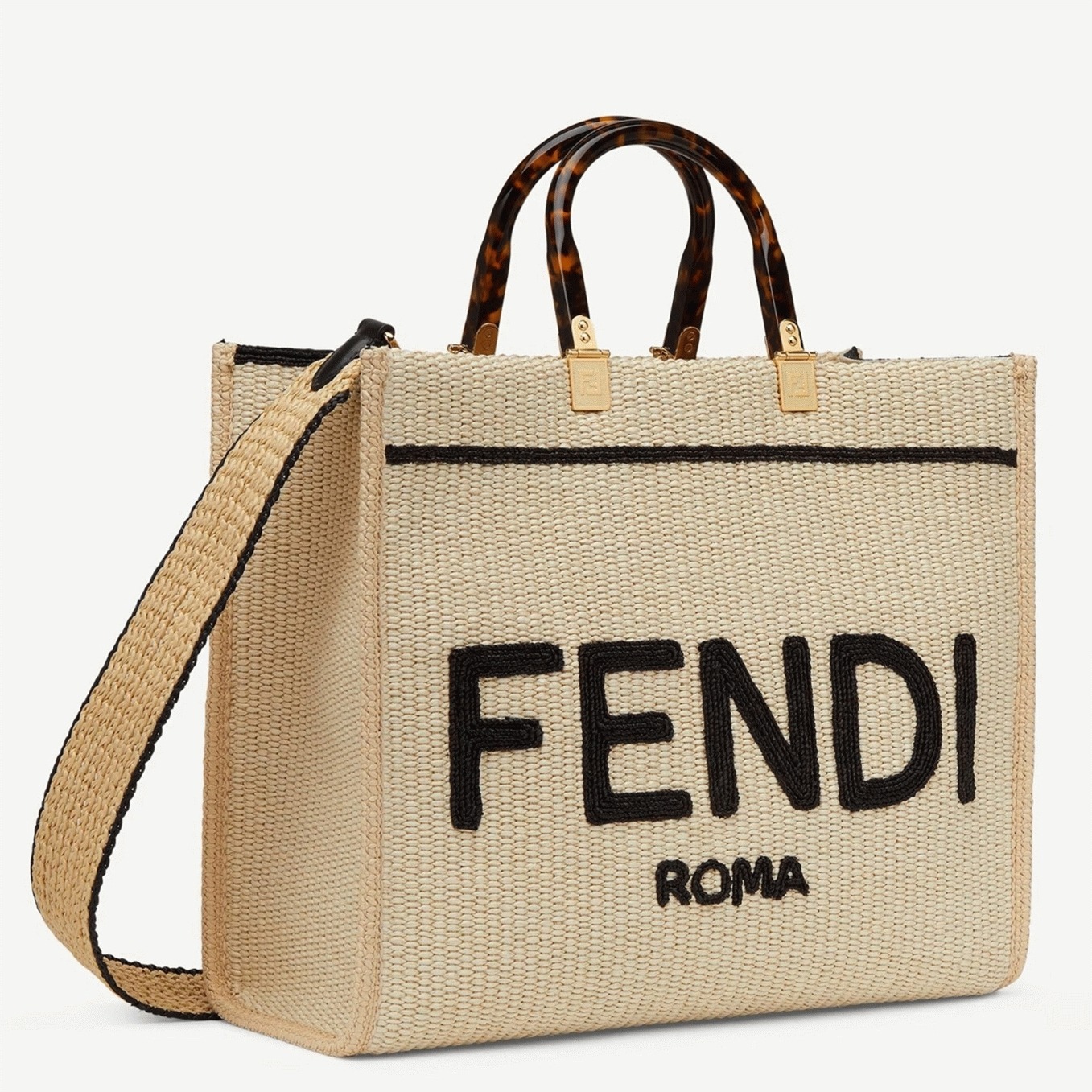 Top Quality Fake Fendi Sunshine Medium Tote Bag in Black and Natural Straw