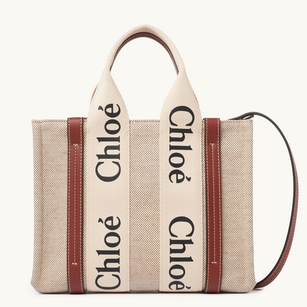 Top Quality Knockoff Chloe Small Woody Tote Bag in Canvas with Brown Leather Strips