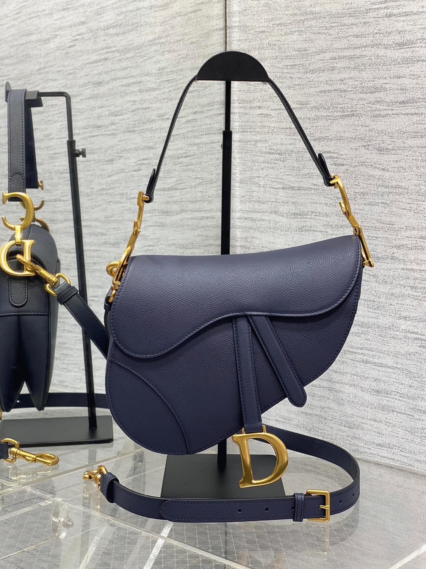 Dior Saddle Bag with Strap Replica in Indigo Blue Grained Calfskin