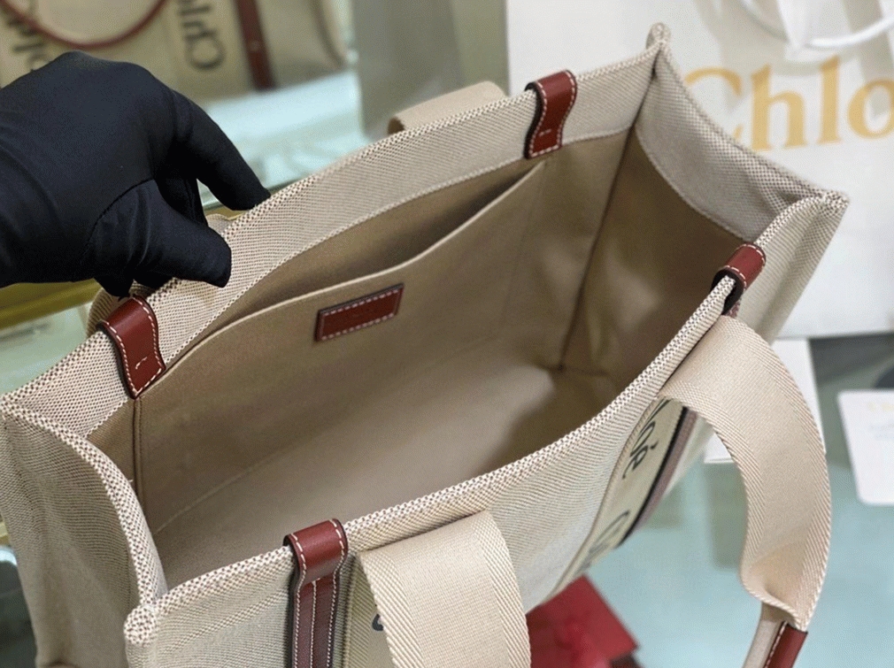 Top Quality Faux Chloe Medium Woody Tote Bag in Canvas with Brown Leather Strips