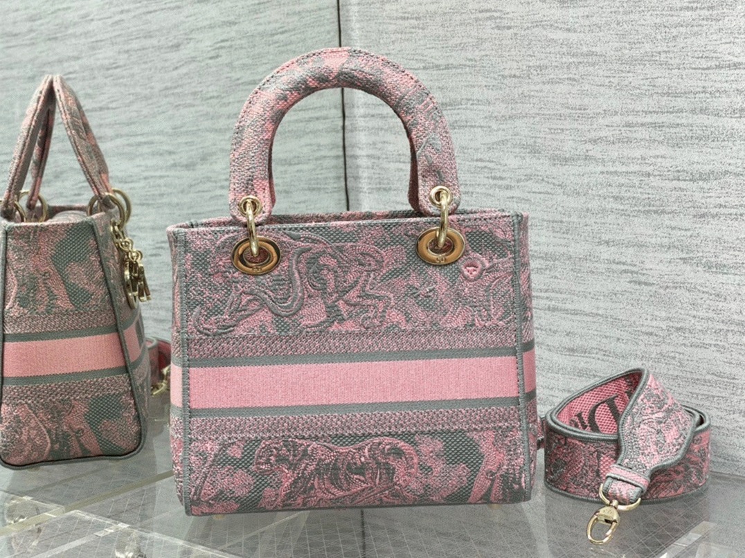 Dior Lady D-Lite Medium Bag Knockoff in Grey and Pink Toile de Jouy Reverse Embroidery