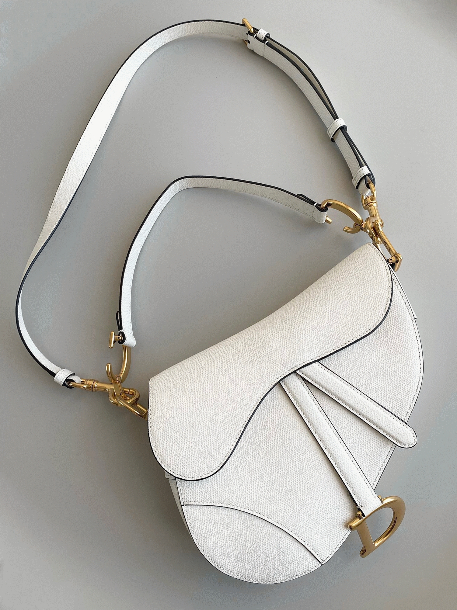 Dior Saddle Bag with Strap Replica in White Grained Calfskin