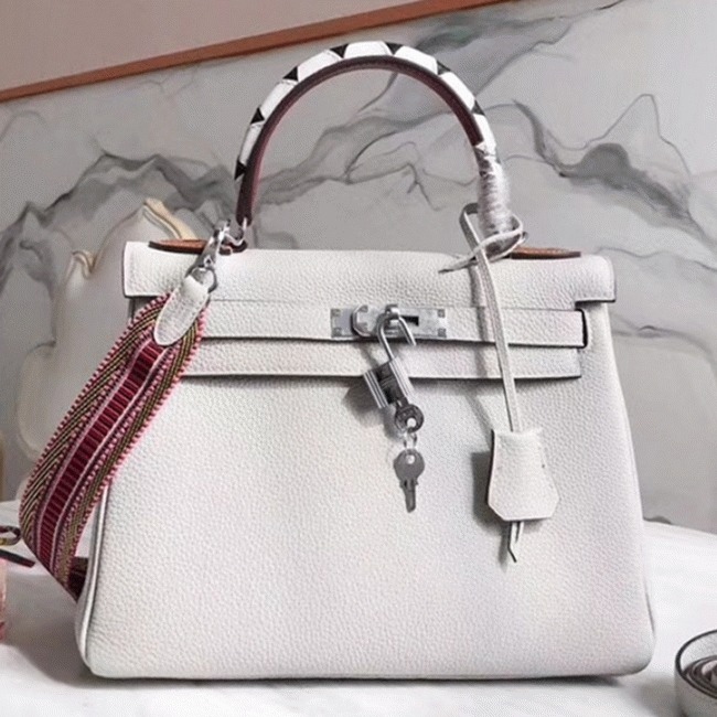 White Hermes Kelly 28cm Knockoff Bag with Zigzag Handle