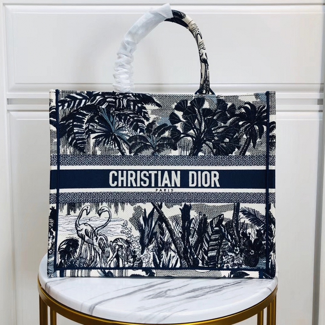 Dior Large Book Tote Bag Replica in Blue Palm Tree Toile de Jouy Embroidery