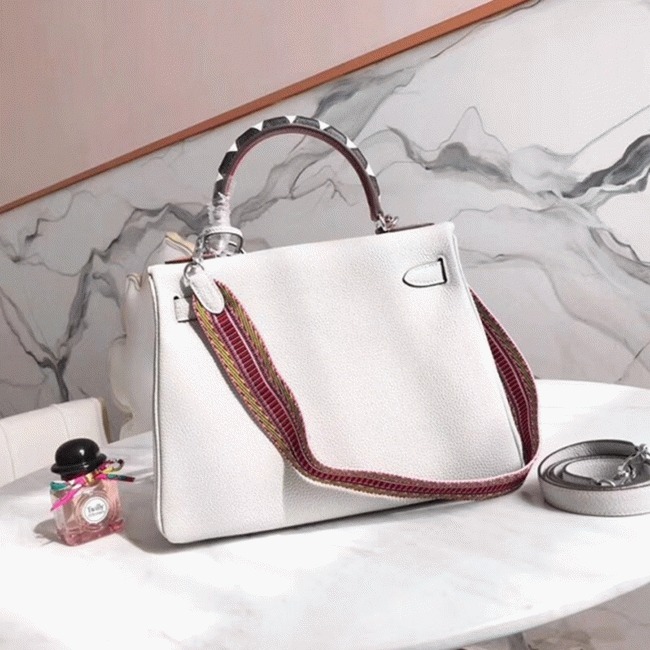 White Hermes Kelly 28cm Knockoff Bag with Zigzag Handle