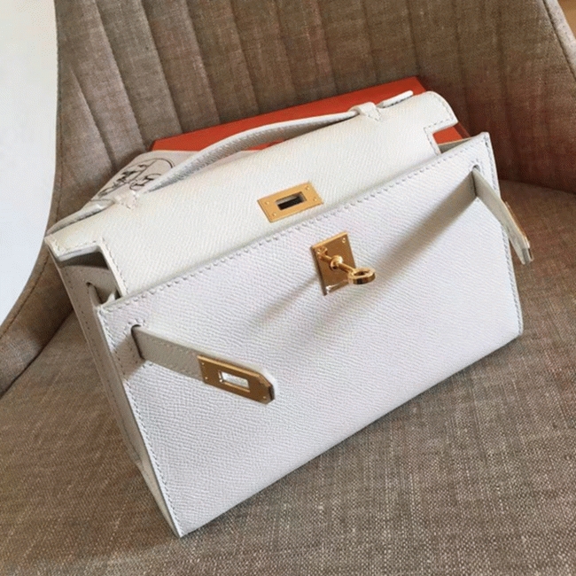 White Epsom Fake Hermes Kelly Pochette Clean Look Mini Bag