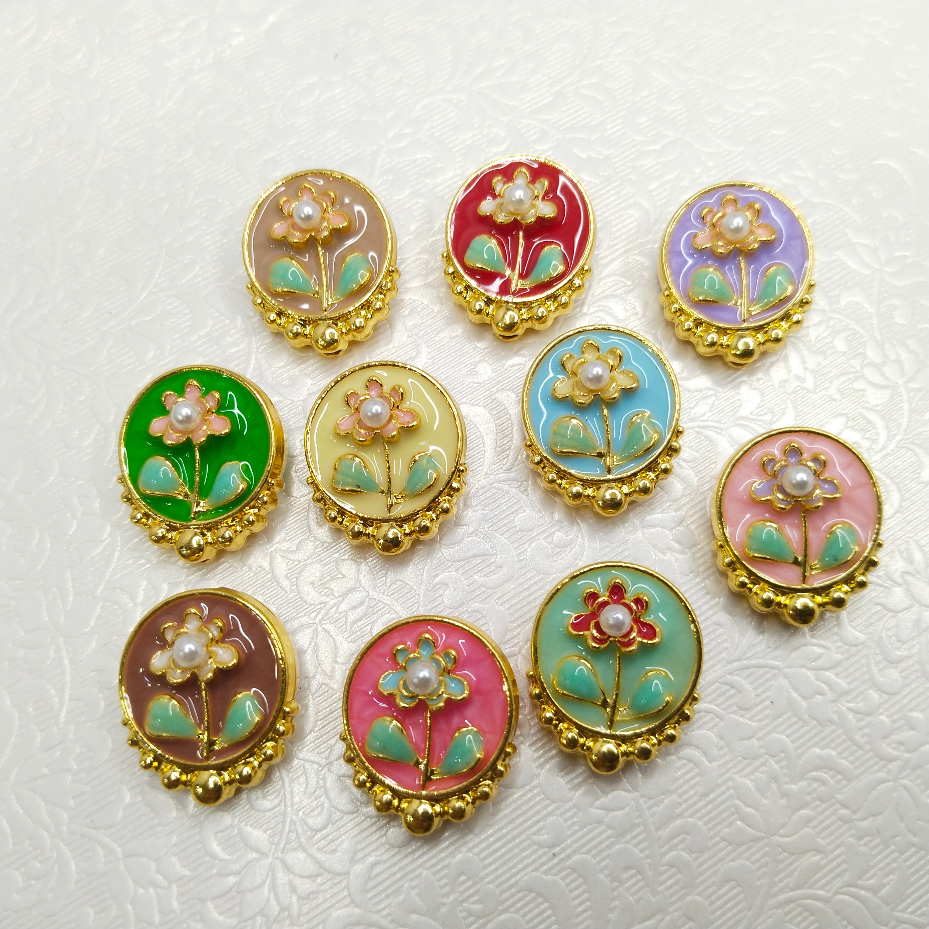 Mennakari flower beads 10pcs two side meena work