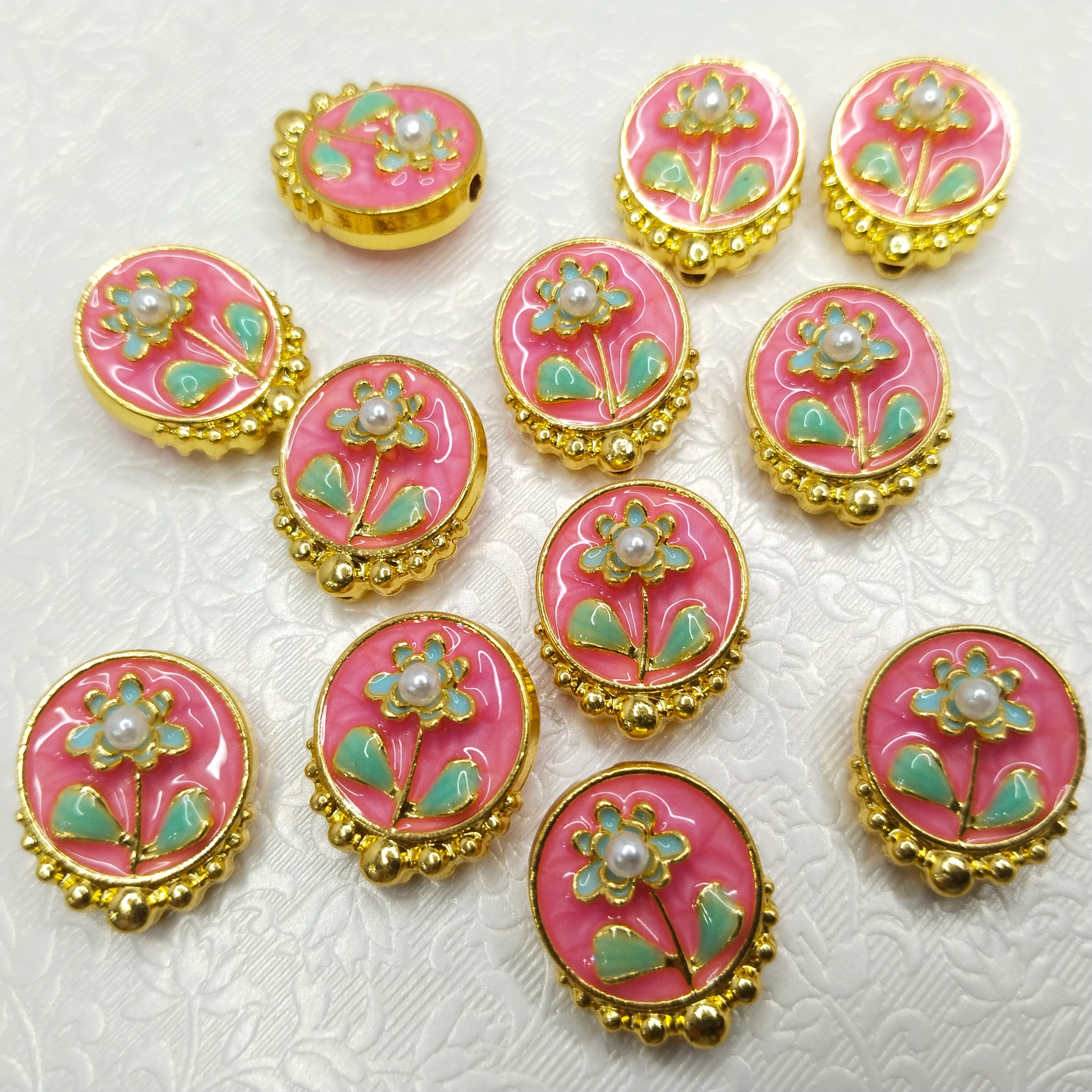 Mennakari flower beads 10pcs two side meena work