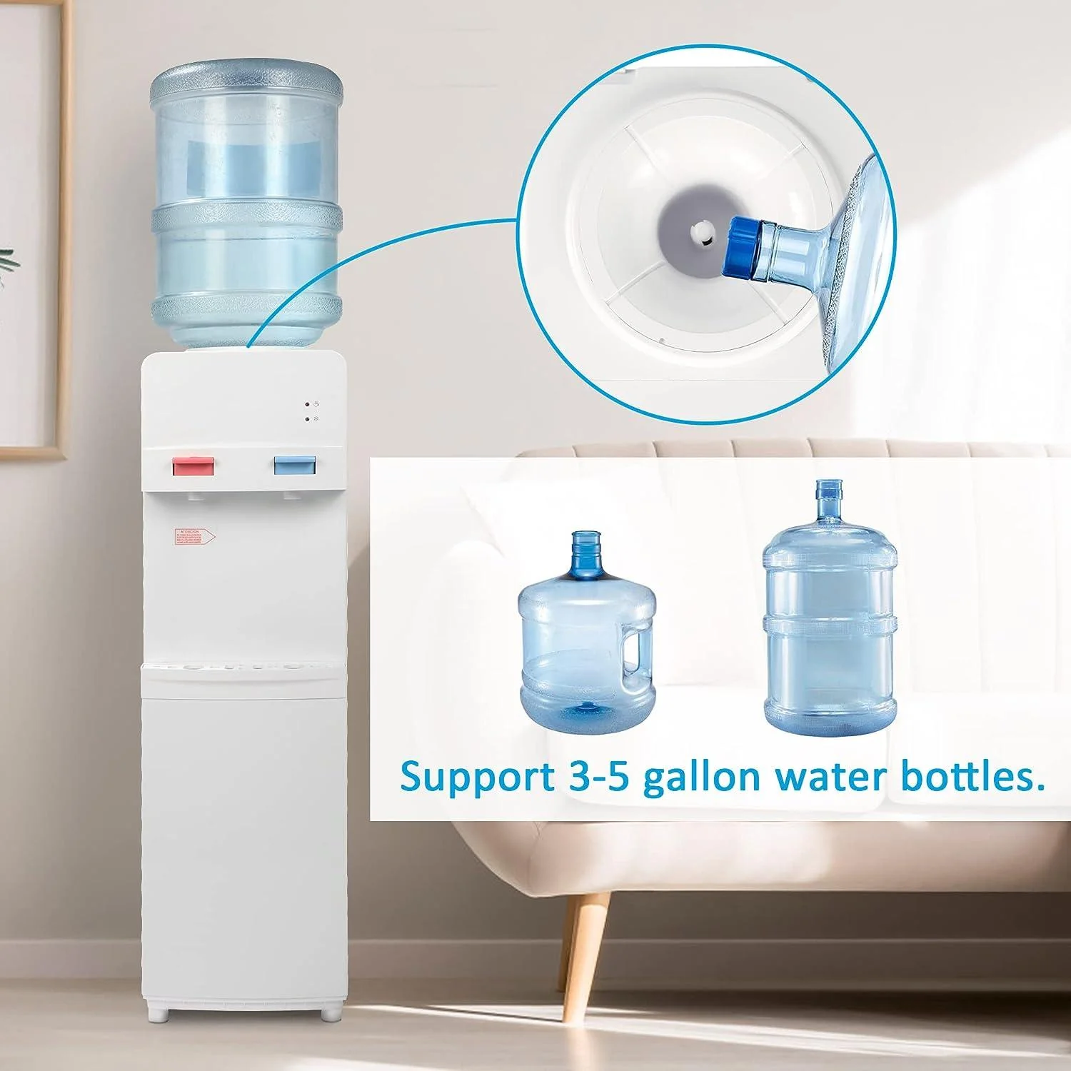 2025 Fuente de agua de carga superior para botellas de 3–5 galones – Agua caliente y fría con seguridad infantil – Blanca