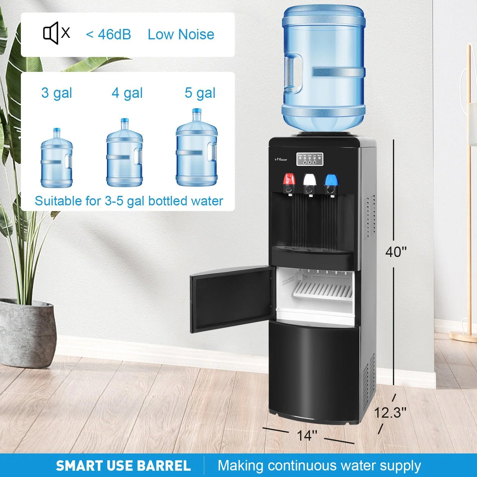Dispensador de agua 2 en 1 con fábrica de hielo – Para botellas de 3 a 5 galones – Seguridad infantil – Negro