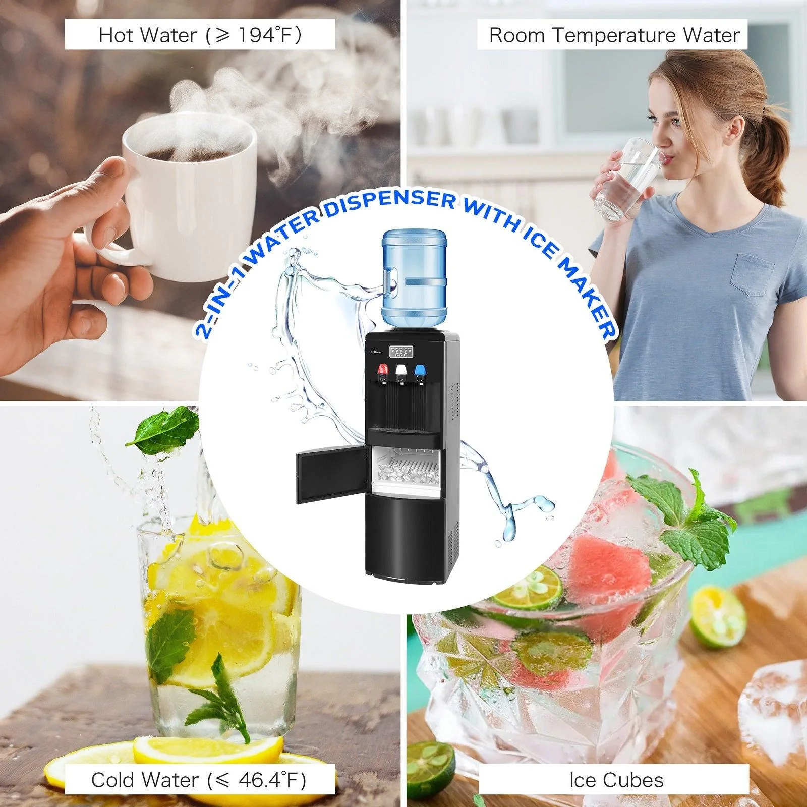 Dispensador de agua 2 en 1 con fábrica de hielo – Para botellas de 3 a 5 galones – Seguridad infantil – Negro