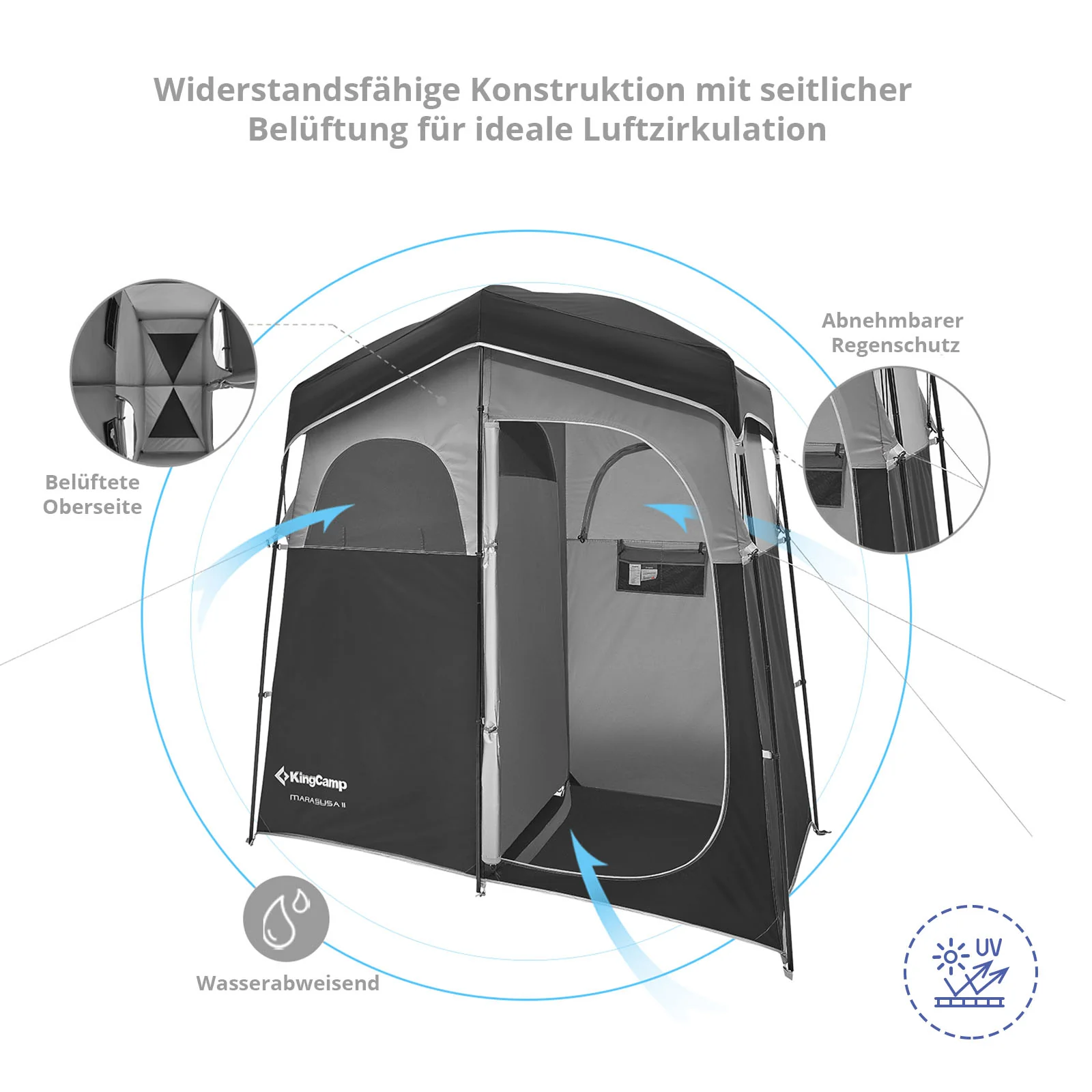 2025 KingCamp Marasusa II – Tienda multifuncional con 2 cabinas. ducha y cabina de prueba con separación. tendedero. protección UV y buena ventilación