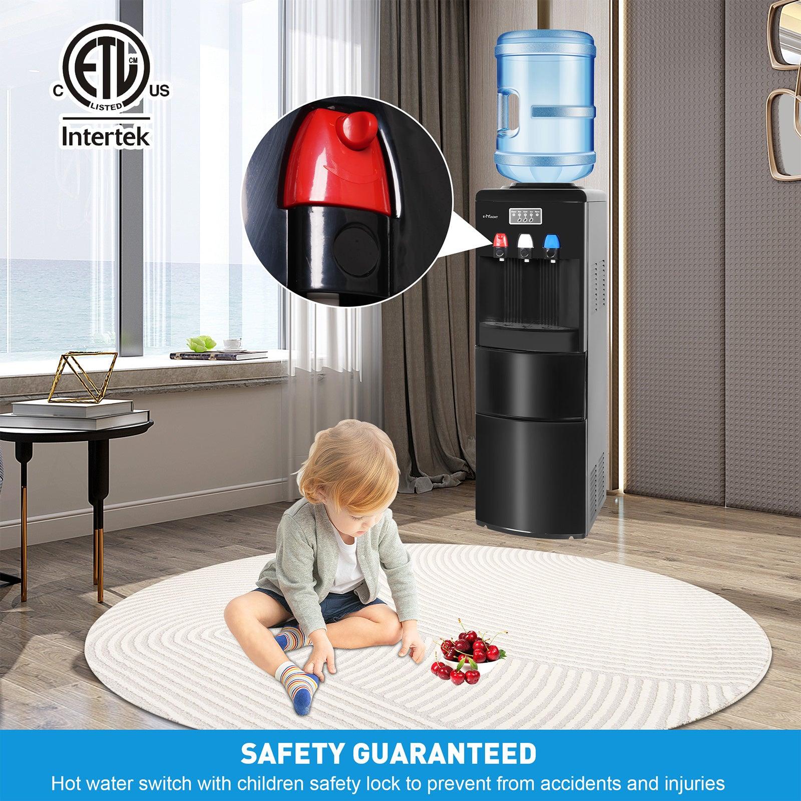 Dispensador de agua 2 en 1 con fábrica de hielo – Para botellas de 3 a 5 galones – Seguridad infantil – Negro