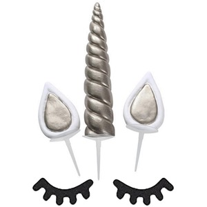 Large Unicorn Cake Decoration With 1 horn, 2 ears and 2 eyelashes - Silver by Haven