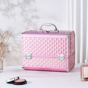 2 Trays Pink Professional Makeup Box Storage Organizer with Mirror - Pink by Sheonly