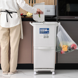 White Double-Layer Three-Compartment Trash Bin with Wheels - White by lifeideas