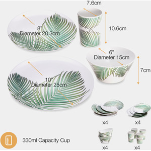 16Pc Melamine Plastic Dinnerware Set - Leaf Green by VonShef