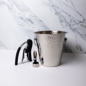 4pc Wine Accessories Set Hammered Wine Bucket, Corkscrew, Pourer and Drip Collar - Silver by BarCraft
