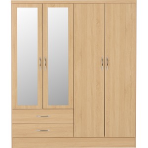 Nevada 4 Door 2 Drawer Mirrored Wardrobe Bedroom Set - Sonoma Oak by Seconique