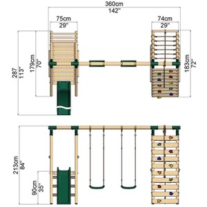 Wooden Double Swing Set with Climbing Wall and Slide - Jade by Rebo