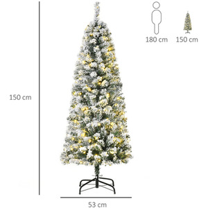 HOMCOM Prelit Artificial Snow Flocked Christmas Tree with LED Light - Green, White / 5ft by HOMCOM