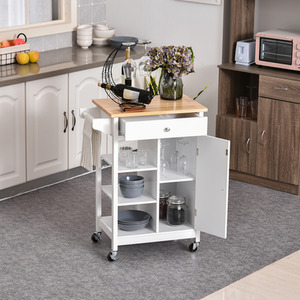 HOMCOM Kitchen Trolley Cart Rolling Kitchen Island - Natural top and white by HOMCOM