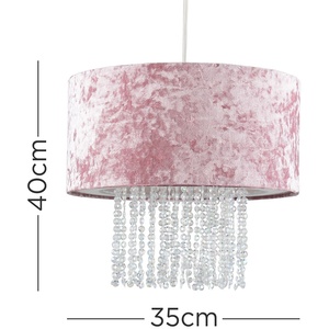 Pink Velvet Cylinder Ceiling Pendant Light Shade With Clear Acrylic Droplets - Pink by ValueLights
