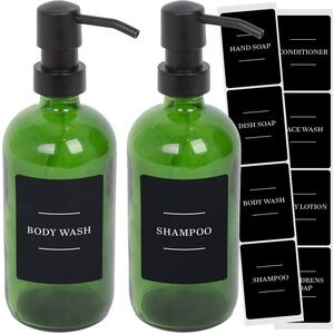 Glass Soap Dispensers with Labels - 500ml - Black - Pack of 2 - Green by Harbour Housewares