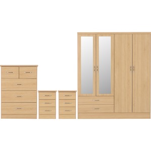 Nevada 4 Door 2 Drawer Mirrored Wardrobe Bedroom Set - Sonoma Oak by Seconique