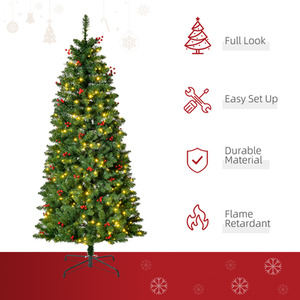 HOMCOM Prelit Artificial Pencil Christmas Tree with LED Light, Red Berry - Green / 5ft by HOMCOM