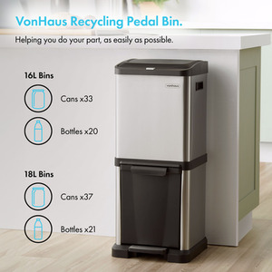 34L Vertical Kitchen Bin with 2 Compartments - Silver by VonHaus