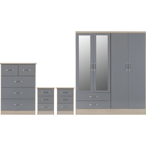 Nevada 4 Door 2 Drawer Mirrored Wardrobe Bedroom Set - Grey Gloss, Light Oak by Seconique