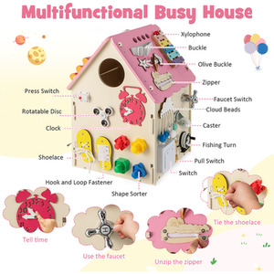 Wooden Busy House Toy - Pink by Costway